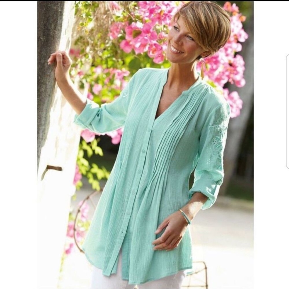 Soft Surroundings Top Floral Pintuck Eyelet Lace Gauze Cottagecore Mint Green
